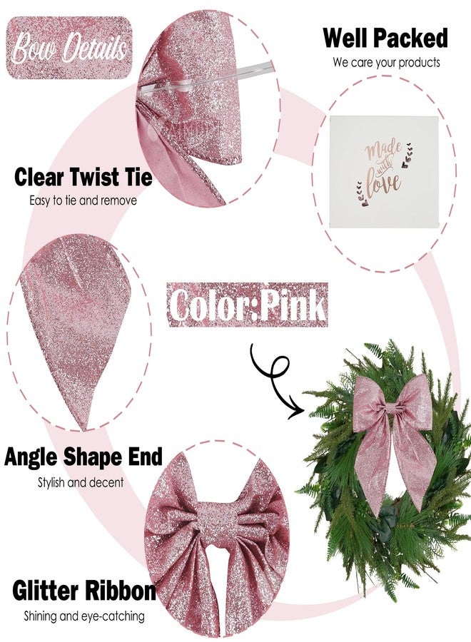 AIMUDI Pink Glitter Wired Ribbon Bows with Twist Tie 5.5" Premade Metallic Christmas Bows for Gift Wrapping, Wreath, Garland, Holiday Crafts Party Home Outdoor Christmas Tree Decorations, 12 PCs - Image 3